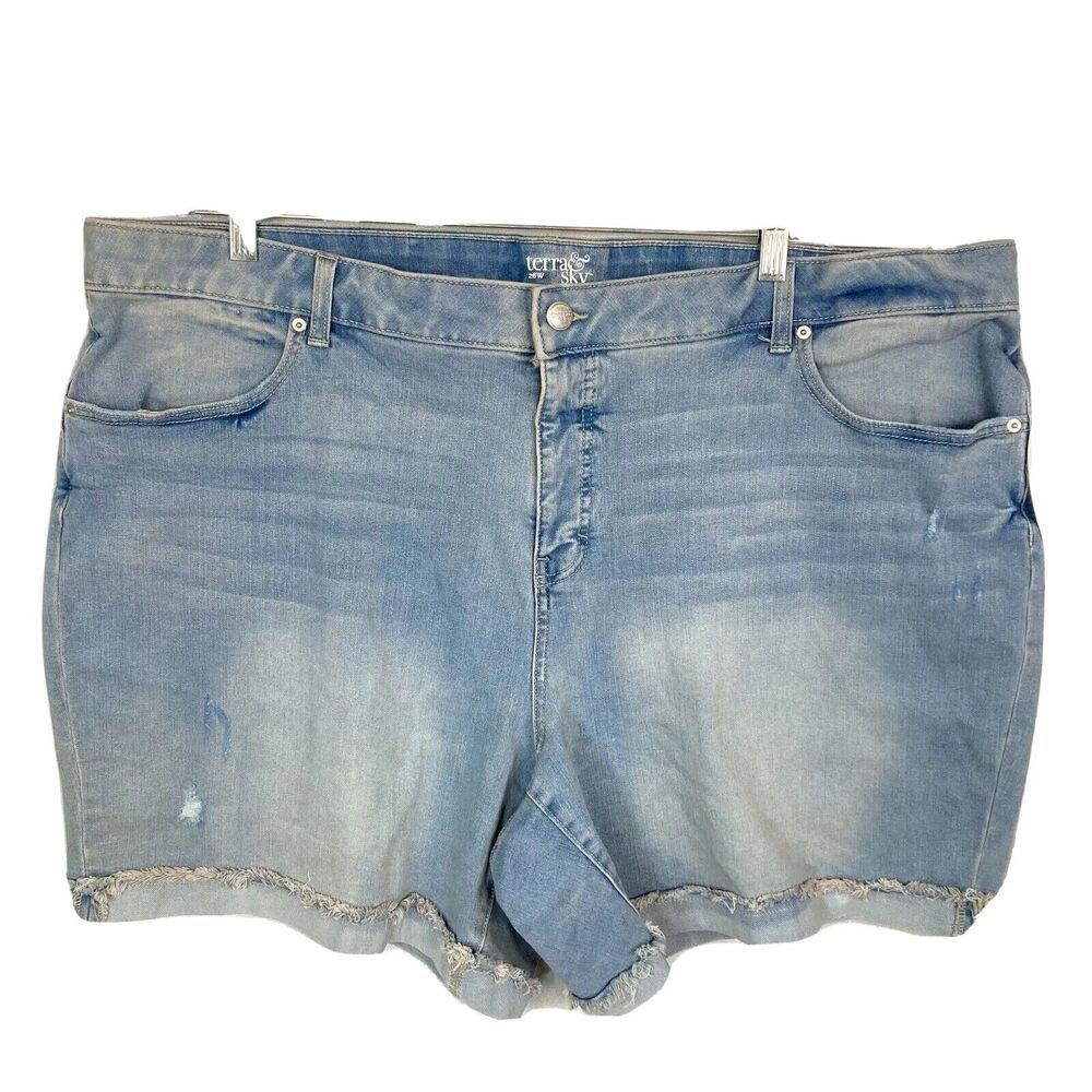 NWT Terra & Sky Shorts Womens Sz 26W Light Blue Denim Frayed Cutoff Plus Stretch